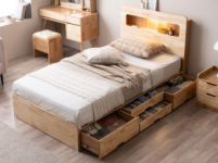 [삼익가구]러버 LED 4단 수납 원목 침대(YS 파워 본넬스프링 매트리스-슈퍼싱글)